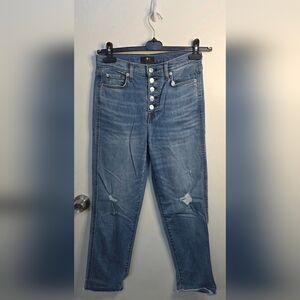 7 For All Mankind Medium Blue High Waist Cropped Straight Button-Fly Jeans